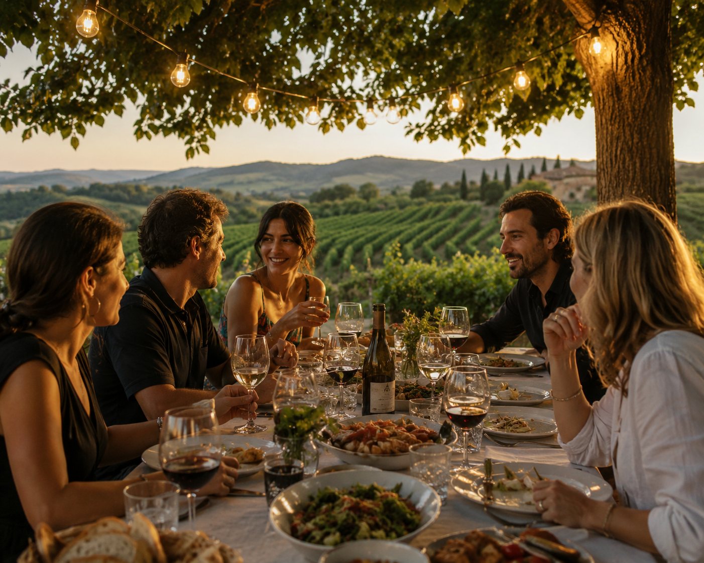 Guests sharing an outdoor dinner at Bacino Italian Bistro at sunset
