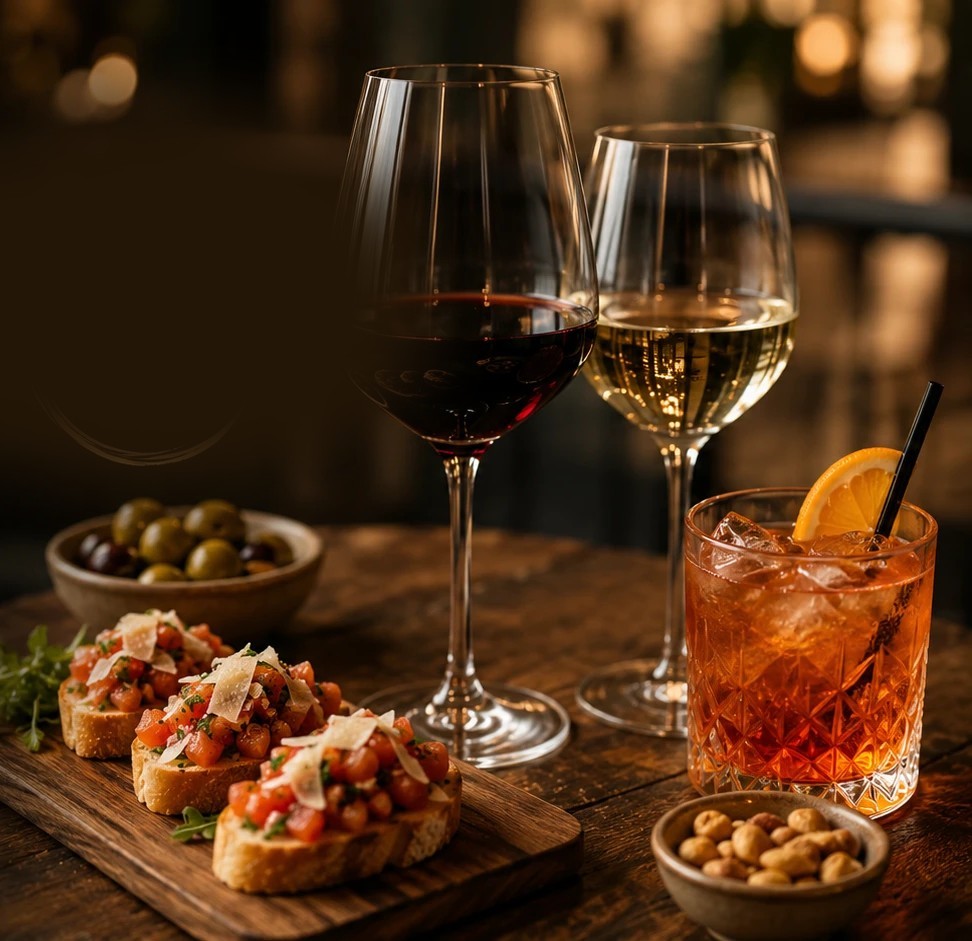 Wine, an aperitivo and bruschetta on the table during Bacino's Happy Hour