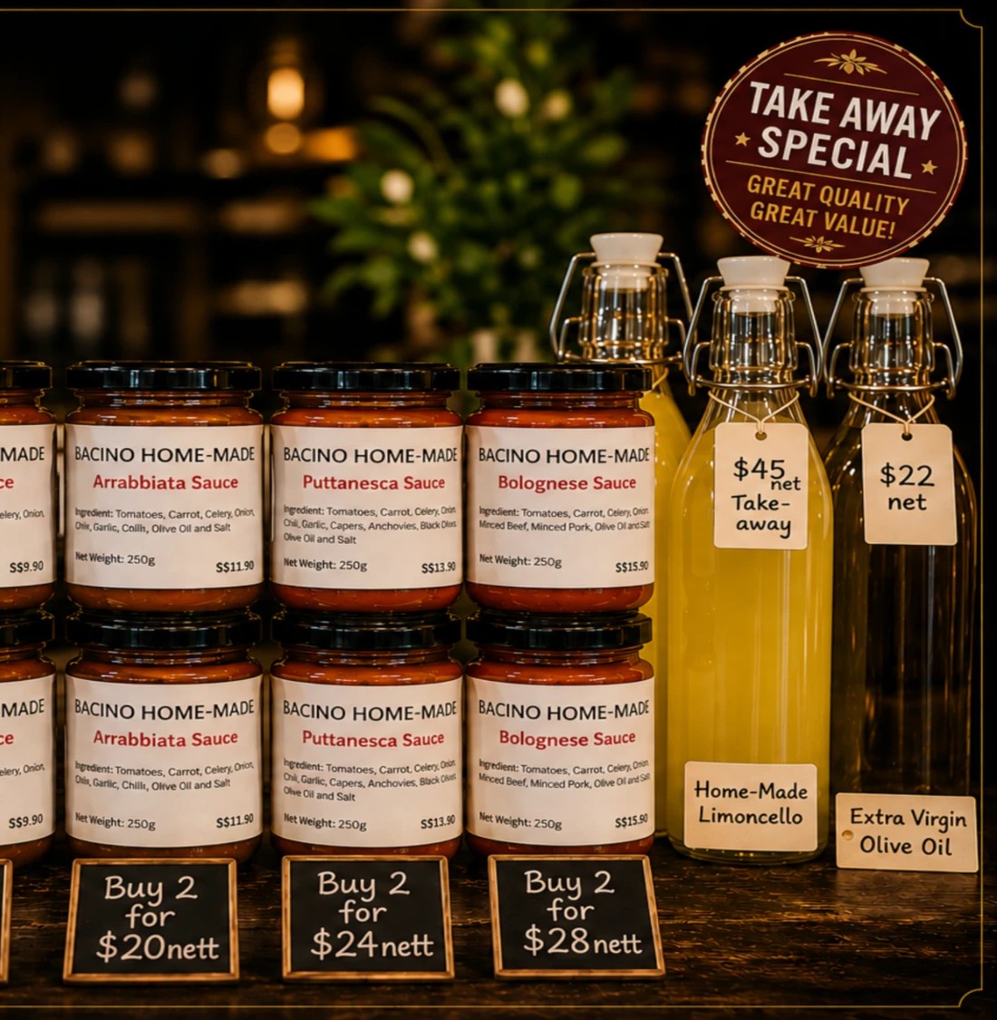 Bacino home-made jarred sauces, limoncello and extra virgin olive oil ready for takeaway